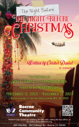 Show information for Night before the night before Christmas with Palm tree wrapped with Christmas lights in the background